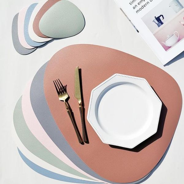 

mats & pads 2pcs/lot nordic pu leather solid color irregular placemat household items waterproof adiabatic use for dining table indawo