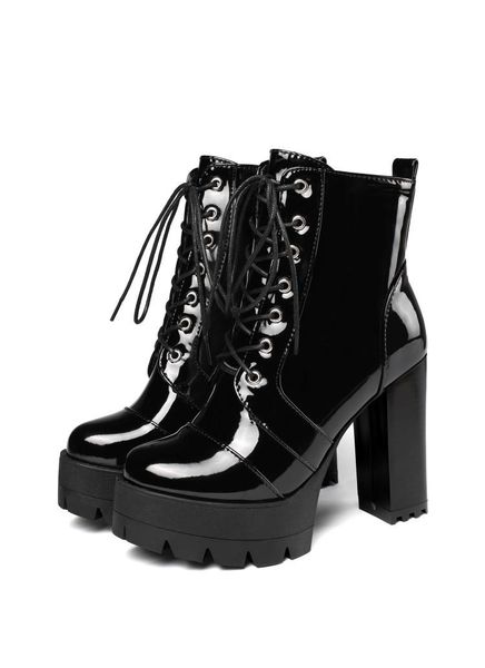 

thick high heeled female patent leather ankle boots round toe lace-up zipper women short gothic shoes 11.5cm, Black