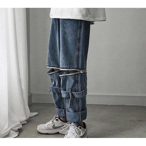 

hip hop zipper detachable functional pants bottom belt high street casual denim men jeans loose trousers1, Blue