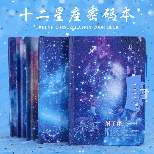 

twelve constellation password book boys and girls with lock diary ancient style simple cute korean thickened notebook notepads, Purple;pink