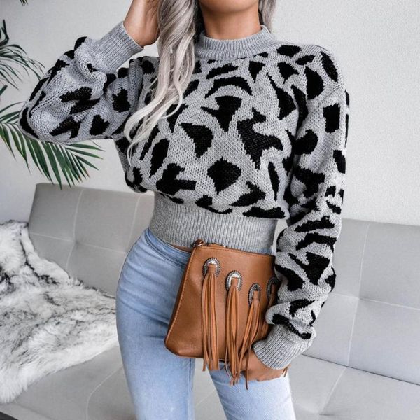 

women's sweaters sweater pullover stylish leopard pattern round neck knitted o crop top, White;black