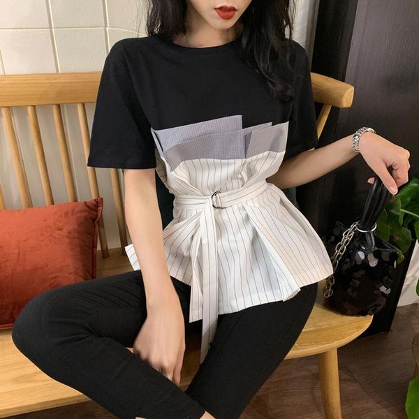 

women's t-shirt 2021 summer o-neck tees women striped patchwork fake two pieces t shirts short sleeve belt slim waist 58393, White