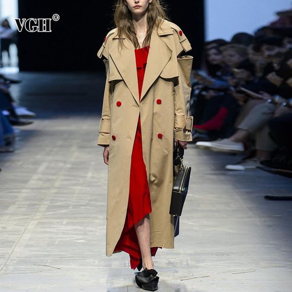 

women's trench coats vgh hollow out coat for women notched long sleeve patchwork straight female windbreaker 2021 autumn fashion clothe, Tan;black