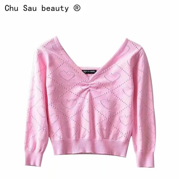 Sexy vintage con scollo a V pieghe rosa pesca cuore maglioni a maglia cava sottili sottili 3/4 manica corta crop top pullover pullover per donna 210508