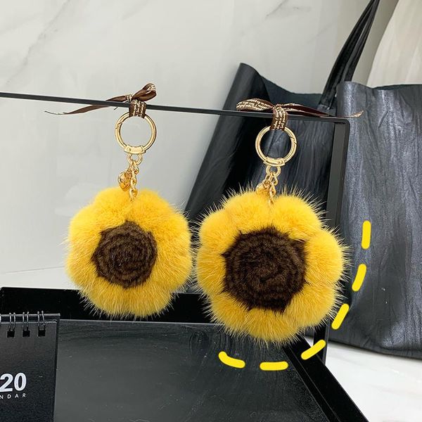 

keychains real fur keychain mink sunflower pendant for women bag charm round sun flower car key ornaments heart shaped metal ring, Silver