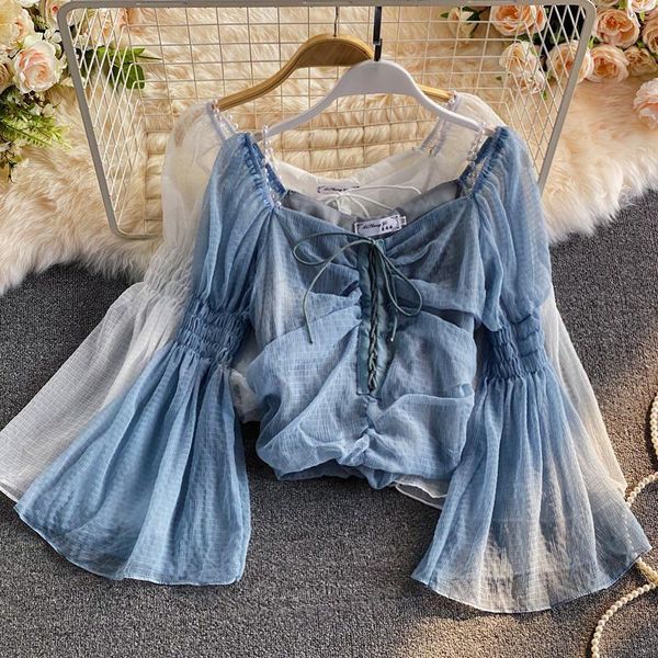 

women's blouses & shirts women 2021 summer chiffon female square collar off shoulder print shirt ladies holiday beach slim casual blous, White