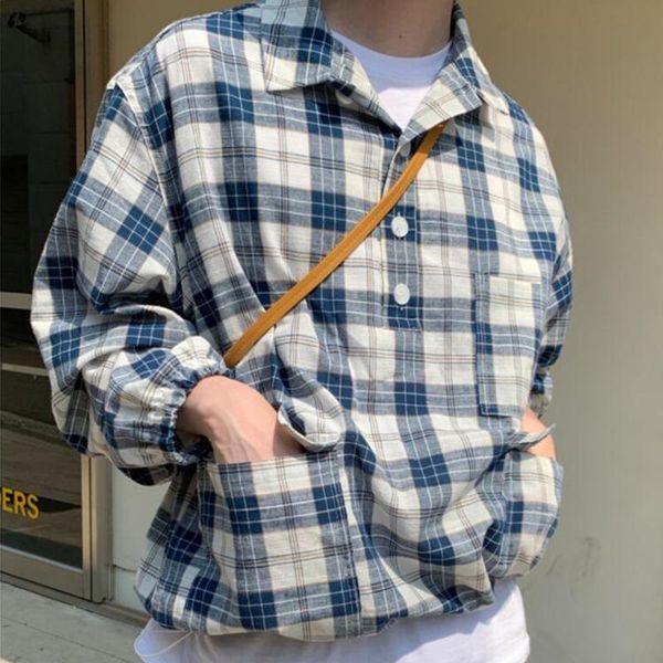 

men's casual shirts korean cotton pullover shirt fashion retro plaid men streetwear loose spring autumn long sleeve, White;black
