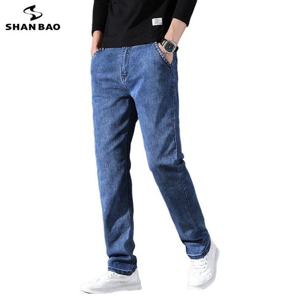 

men's jeans shan bao 2021 autumn brand straight loose denim classic style business casual young stretch plus size, Blue
