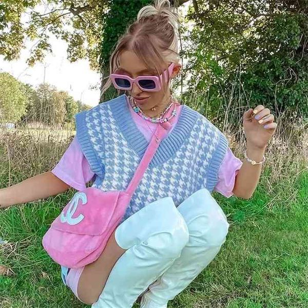 

oversized korean fashion women knit sweater houndstooth loose v-neck sleeveless pull waistcoat female spring vest, Black;white