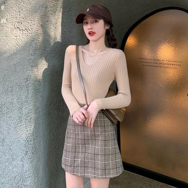 

women sweater v-neck ins autumn-winter solid color knit casual pullover 2021 female women's sweaters, White;black