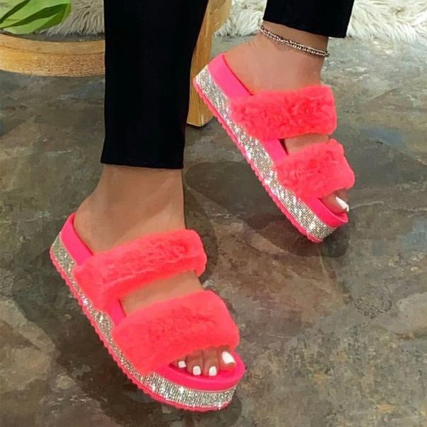 

sandals diamond plush women's slippers outdoor winter color leisure home zapatillas mujer, Black