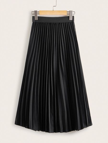 

elastic waist pleated midi skirt g5cj#, Black