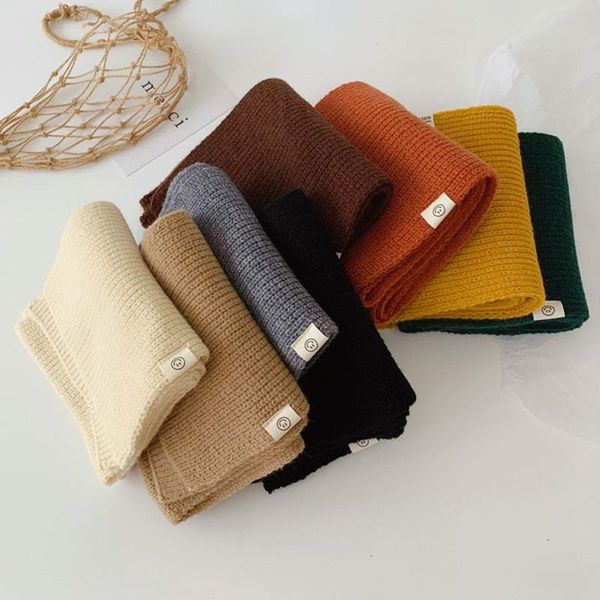 

scarves pure color simple happy face logo children knitted scarf autumn winter men and women babies warm wool 130*18cm, Blue;gray