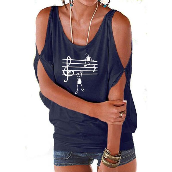 

women's t-shirt cartoon music note graphic print shirt female harajuku off shoulder summer sleeveless women girlfriend gift hollow femm, White