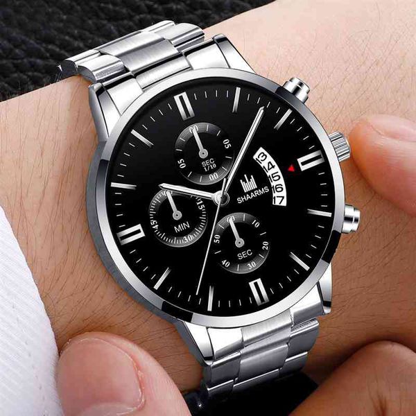 

2021 men luxury business military quartz watch golden stainless steel band men watches date calendar male clock relogio direct, Slivery;brown