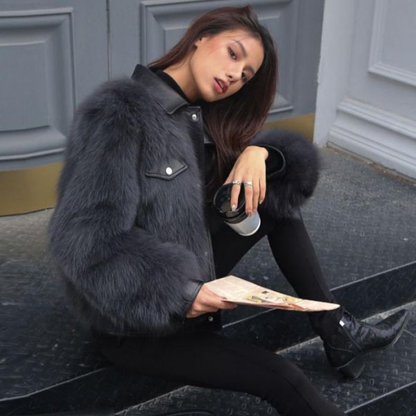 

women's fur & faux 2021 real coat vest winter jacket women natural genuine leather outerwear streetwear thick warm fashion locomotive, Black