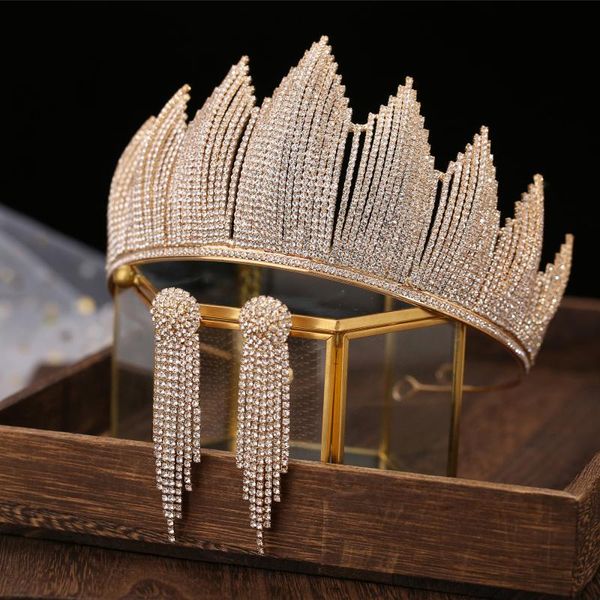 

gold color crystal bridal tiaras queen crown with earrings rhinestone baroque pageant diadem party wedding hair accessories clips & barrette, Golden;silver