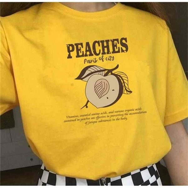 

korean fashion fruits peaches paris of city vintage t shirt peach tees retro style harajuku hipster 210512, White