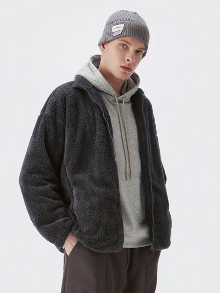 

men drop shoulder teddy jacket m6ye#, Black;brown