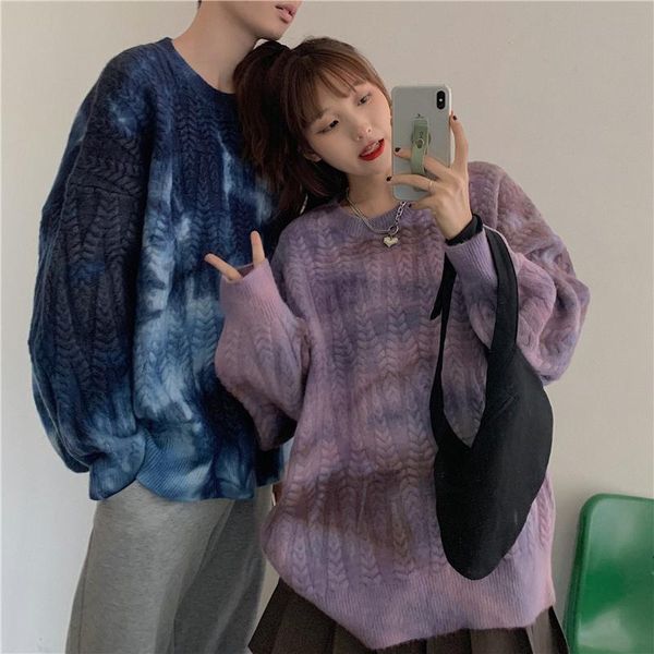 

winter style retro tie-dye loose couple clothes pullover sweater men and women knitted coat women's sweaters, White;black