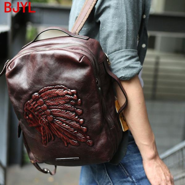 

backpack men male lapbag travel backpacks head layer cowhide leather vintage original european and american