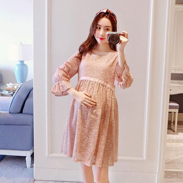 

maternity dresses fashion loose hollow out lace dress for pregnant women summer clothes three quarter sleeve pregnancy party sweet, White
