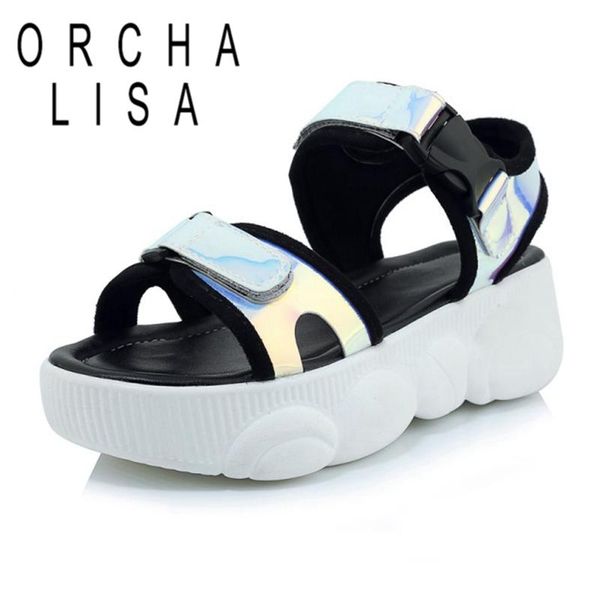 

spring summer sandals open toe muffin bottom soft sole multicolor hook loop platforms plus size 29-46 leisure c1793, Black