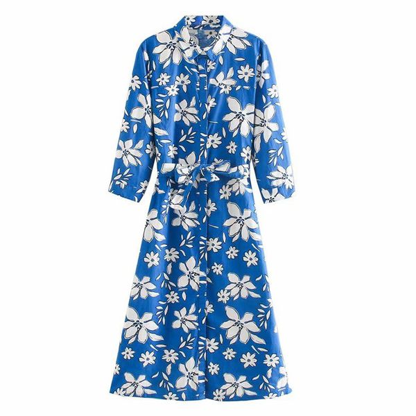

stylish chic blue bow floral printed dresses women fashion turn down collar dress elegant ladies knee length vestiods 210520, Black;gray