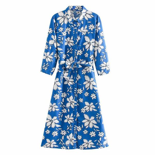 Elegante Chic Blue Bow Floral Vestidos Impresso Mulheres Moda Surpreenda Collar Vestido Elegante Ladies Knee Comprimento Vestiods 210520