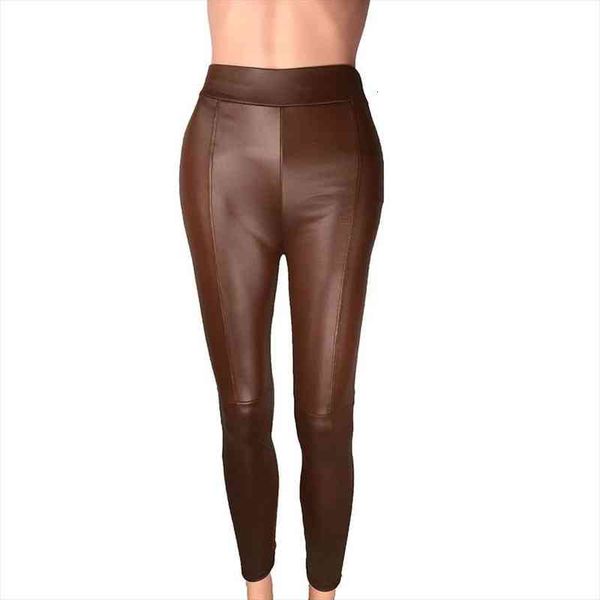 

pu leggings women solid color high waist slim stretch faux leather leggings pants trousers, Black