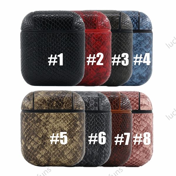 per airpods 1 2 custodia per auricolari PC PU pelle modello pelle di serpente Air Pods cuffia custodia protettiva anti-caduta con metallo anti-smarrimento h