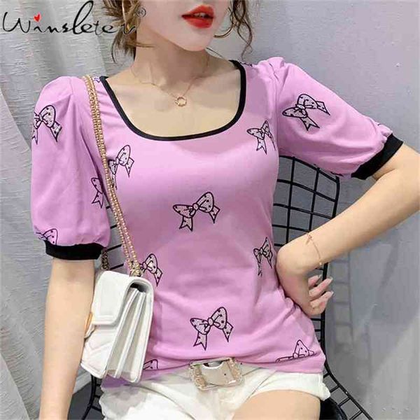 

summer european clothes t-shirt girls fashion embroider print bowknot shiny diamonds women tees t12823a 210421, White