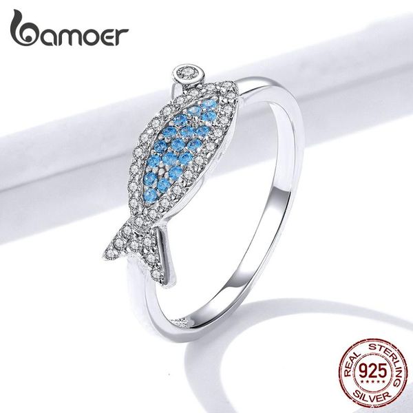 

cluster rings bamoer gar106 size 678 lovely sea fish ring women 925 sterling blue zirconia romantic for wedding engagement gift, Golden;silver