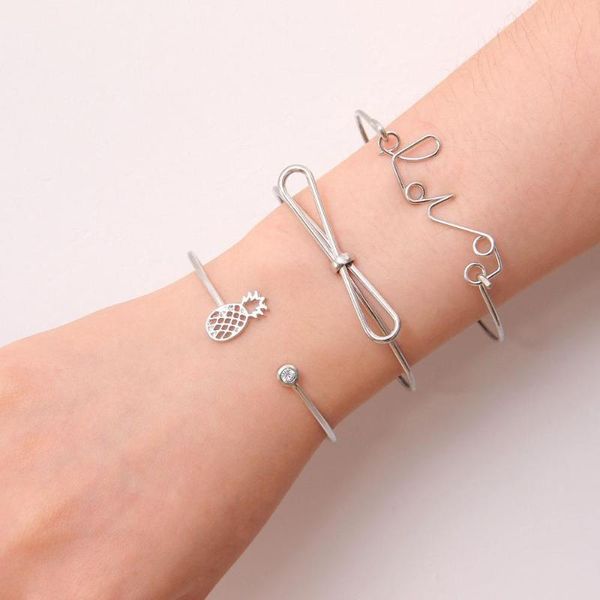 

charm bracelets bxw 3 pcs/set bohemian retro bangle gold silver plated bow letters pineapple open bracelet women's party wedding access, Golden;silver