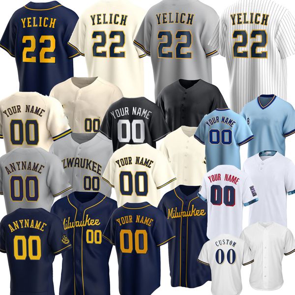 

22 christian yelich milwaukee 2022 josh hader woodruff lorenzo cain ryan braun brent suter orlando arcia jersey, Black