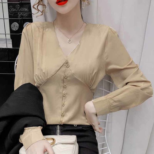 

v-neck splicing corset slim solid buttons shirts french elegant pleated long sleeve satin blouse women spring waist 12263 210417, White
