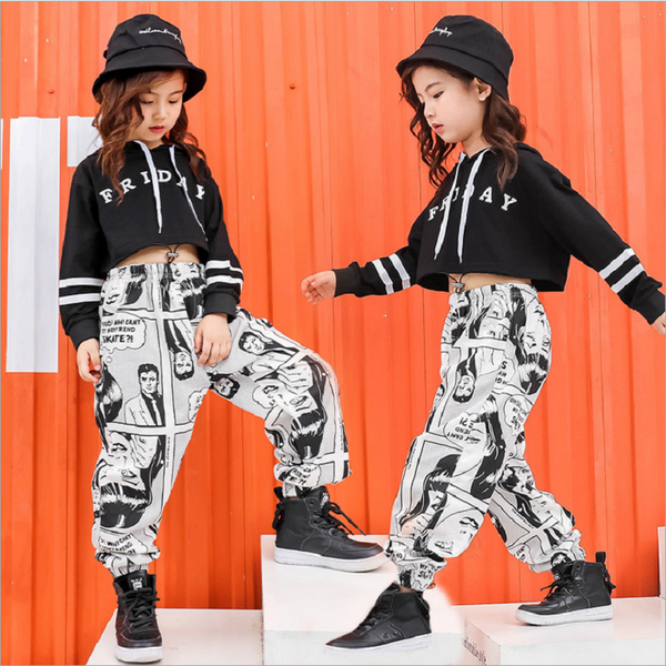 

fashion childrens hip hop clothing set for teenage girls cotton sports suits street wear crop and pants dance clothes, White