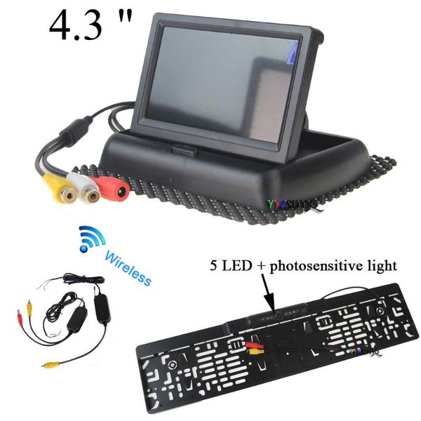 

car video wireless european license plate frame number holder kit 4.3" inch folding rearview monitor night vision backup camera