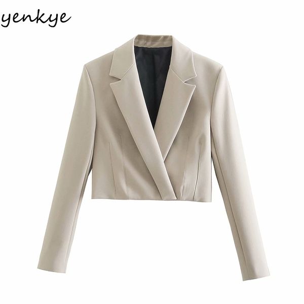 

fashion women solid cropped blazer mujer long sleeve notched collar office elegant suit jacket plus size short 210430, White;black