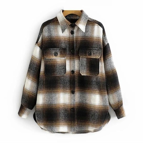 

women's jackets ladies vintage oversized overshirts plaid jacket women coat long sleeve loose woolen female coats outerwear chic, Black;brown