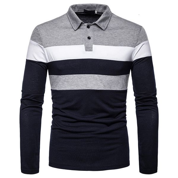 

contrast color casual long sleeve lapel neck mens slim polos fahsion striped panelled, White;black