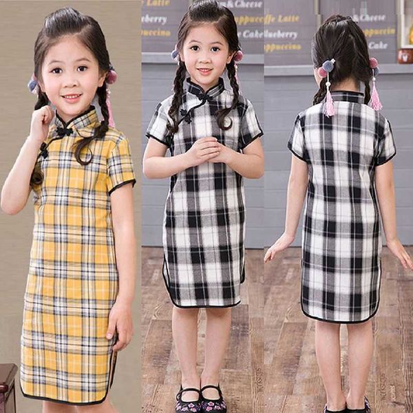 Gitter Baby Mädchen Kleider Sommer Kinder Qipao Chinesisches Neujahr Cheongsam Mädchen Kleidung Outfits 100% Baumwolle Chi-Pao Kleid 2-16 Q0716