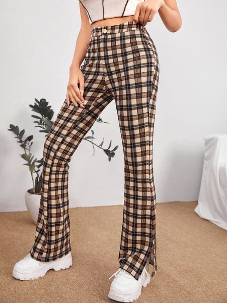 

petite plaid print slit hem pants 447e#, Black;white