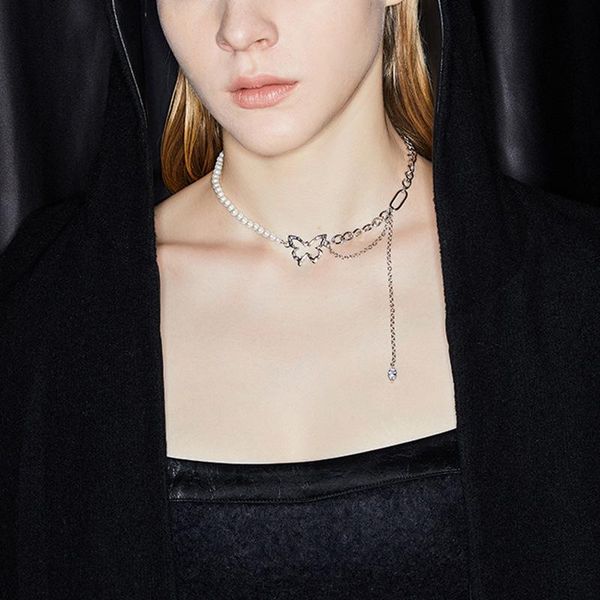 

pendant necklaces japan and south korea butterfly pearl chain stitching necklace female 2021 fashion temperament sweet, Silver