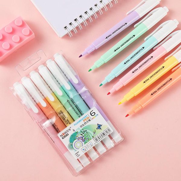 

double head fluorescent highlighter pen 6pcs/set markers pastel drawing pens for student school office supplies cute stationery highlighters, Black;red