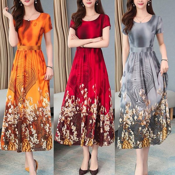 

summer high waist women fashion lady elegant bohemian o-neck short sleeve retro printing dress casual dresses, Black;gray
