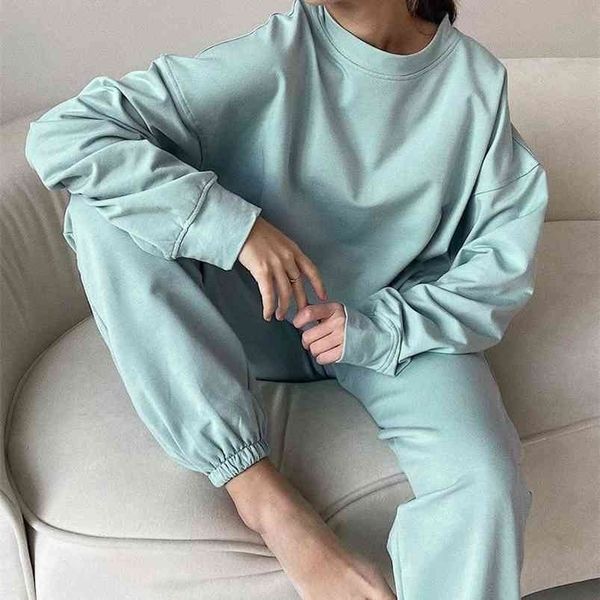 

wotwoy elastic waist casual sweatshirt women 2 pieces matching pants sets autumn winter loose tracksuits female solid pullovers 210909, Black