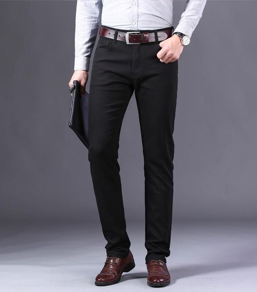 

men's pants classic style wine red jeans fashion business casual straight denim stretch trousers male brand, Black