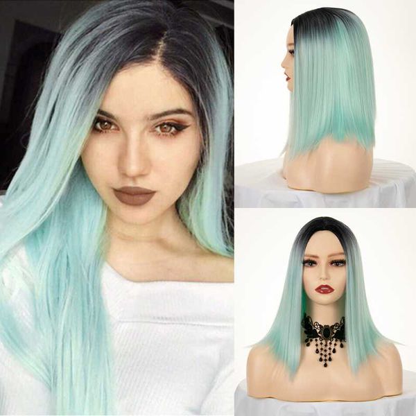 

synthetic wigs short straight ombre mint green black roots cosplay costume wig heat resistant fiber middle part for women