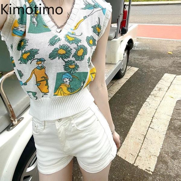 

women's sweaters kimotimo vintage print sweater vests women 2021 summer v-neck jacquard knitted tank ins sleeveless cropped vest, White;black